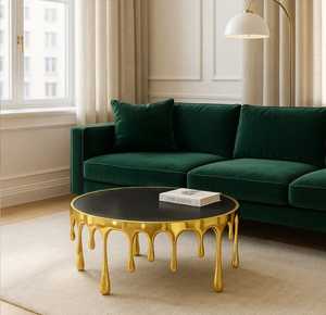 Simply Iconic Modern <b>Round</b> Coffee <b>Table</b> With <b>Gold</b> Drip Base And Black Glass Top For Living Room Furniture - Product Image 1