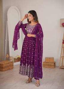 <b>Wine</b> Georgette Embroidered Anarkali Gown & Bottom with Dupatta | Elegant Festive Wear for Women - Product Image 2