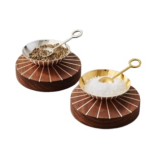 Silver inlay walnut base pinch bowl set with <b>spoon</b> salt pepper cellar condiments <b>serving</b> katori masala dabba luxe tableware - Product Image 1