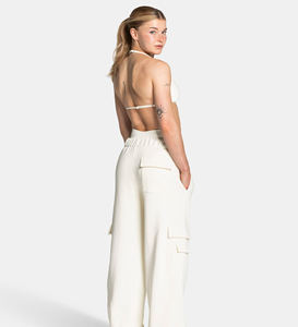 Pantalon cargo crème pour femme, taille haute, tricoté élastique, coupe ample, longueur intégrale, couleur unie, style décontracté - Product Image 5