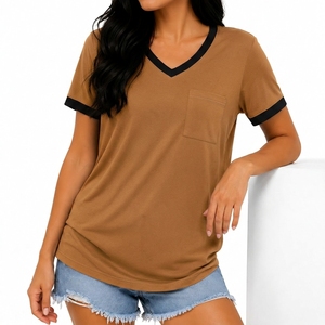 Women's Brown V-Neck Short Sleeve T-Shirt with Pocket Casual Organic Cotton Fleece Breathable <b>Top</b> Spring Summer Wear - Product Image 5