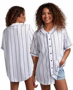 Camiseta de béisbol a rayas de talla grande para mujer, manga corta, con botones, sin cuello - Product Image 1