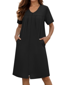 Robe de détente noire à col en v et manches courtes, longueur genou, avec fermeture éclair et poches, pour femmes, vêtements de nuit, style d'été - Product Image 5