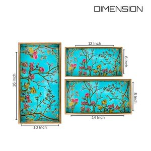 Ensemble de plateaux de service rectangulaires en bois moderne avec motif floral et bordure plaquée or pour la maison, la salle à manger, le bureau - Product Image 5