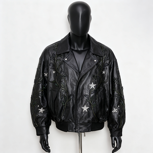 Men's Color Blocking Pattern Genuine Leather Varsity <b>Jacket</b> Stand Collar Zipper Closure Casual Winter Wear 220g - Product Image 5