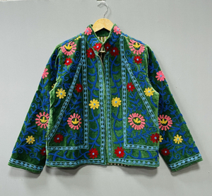 Handmade Velvet Suzani Bomber Jacket Uzbek Floral Embroidery 100% Cotton Velvet Women's All Seasons - Product Image 1