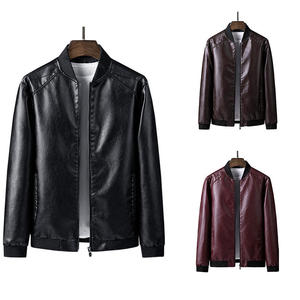 Men's PU Bomber <b>Jacket</b> Stand Collar Zipper Closure Solid Color Casual Style Autumn Wear Regular Length - Product Image 1
