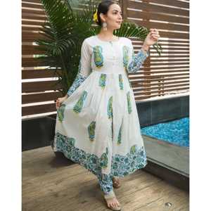 Conjunto de Kurta para Mujer, Transpirable, de Algodón/Fibra de Bambú, Estampado a Mano, Talla XS, Color Blanco - Product Image 6