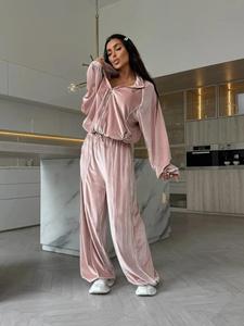 Ensemble de survêtement en velours rose pour femme, haut zippé à manches longues, pantalon large, coupe ample, toutes saisons, couleur unie, tenue décontractée - Product Image 1