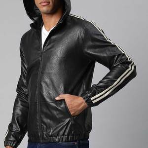 Chaqueta con Capucha de Cuero Sintético Negro para Hombre, Cierre de Cremallera, Corte Regular, Color Sólido, Estilo Motero, para Otoño - Product Image 2