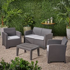Set di Chat da esterno in finto vimini in Rattan in 4 pezzi con cuscini resistenti all'acqua disponibili in carbone/grigio chiaro - Product Image 5