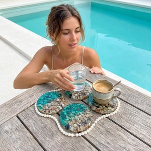 Ensemble de sous-verres ronds en résine avec motif galet, faits à la main, style classique, tapis et dessous de verre - Product Image 4
