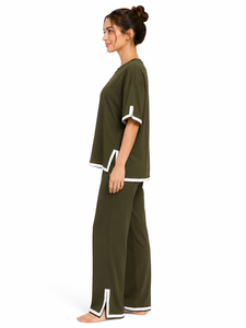 Ensemble coordonné vert olive pour femmes, t-shirt ample de qualité supérieure et pantalon large assorti, tenue décontractée élégante pour la nuit - Product Image 2