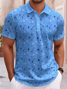Camiseta de Golf de Manga Corta Azul para Hombre, con Estampado de Club de Golf, Absorbente de Humedad, con Diseño de Puntos, Transpirable, de Algodón Tejido, Corte Regular - Product Image 1