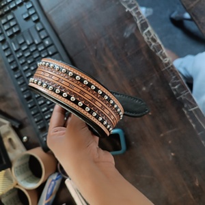 High Quality Designer Full Grain Cow Leather Dog <b>Collar</b> with Floral Pattern Padded Steel Buckle D-rings Feather Decoration - Product Image 1
