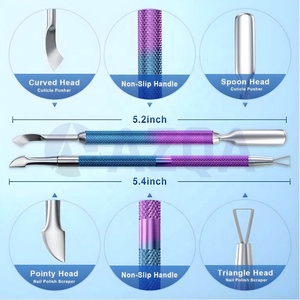 Juego de herramientas de manicura y pedicura de doble punta, raspador de cutículas y esmalte de uñas, de acero inoxidable, con revestimiento multicolor, al por mayor. - Product Image 3