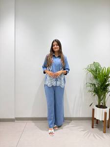 <b>Women's</b> Blue Cotton Embroidered <b>Kurta</b> Set With Floral Design Loose Fit Casual Wear India Pakistan Style All Seasons - Product Image 3