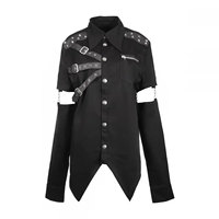 Chemise noire gothique punk pour homme avec manches amovibles, boucles cloutées et sangles en similicuir, haut streetwear