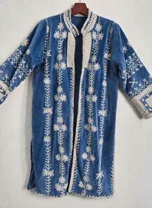 Chaqueta Larga Bohemia Azul de Terciopelo de Algodón Bordada con Diseño Floral, Manga Larga, Cuello Alto, Ropa de Abrigo Otoñal para Mujer - Product Image 4