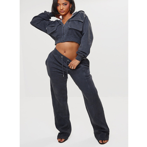 Custom Women's <b>Zip</b>-<b>Up</b> Fleece <b>Crop</b> <b>Hoodie</b> with Washed Cargo Design Polyester/Cotton Quick Dry & Windproof - Product Image 1