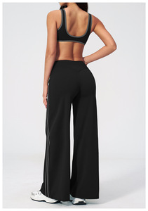 Black 2 Piece Yoga Set Deep V Neck Racerback <b>Crop</b> <b>Top</b> High Waist Flared Pants Side Stripe Contrast Binding Seamless Breathable - Product Image 2