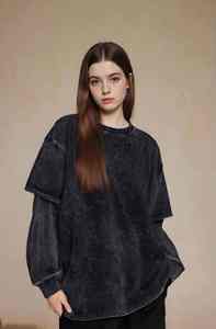 เสื้อแขนยาวผู้ชายทรงโอเวอร์ไซส์ ผ้าเจอร์ซีย์คอตตอน 100% สองชั้น สไตล์ไฮสตรีท สีพื้น ผ้าถักลำลอง - Product Image 2