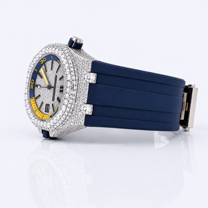 Reloj de Lujo Cuadrado con Correa Azul Semibrillada, Diamantes de Moissanita Brillantes, Movimiento de Cuarzo, Banda de Acero Inoxidable, Estilo Moderno Hip Hop - Product Image 4