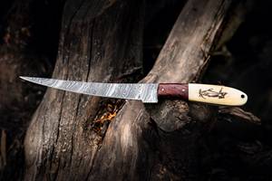 Cuchillo de filetear hecho a mano con hoja de acero de Damasco, mango de madera y funda de cuero, cuchillo para exteriores - Product Image 5