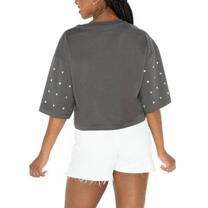 T-shirt décontracté pour femme, coupe ajustée, 100% coton, avec col à nœud décoré de diamants, mailles perforées, doux et respirant - Product Image 5