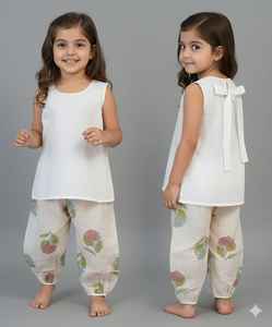 Conjunto de Camisa y Pantalones Cortos de Lino y Algodón para Niñas |   Conjunto de Verano Transpirable para Niños con Corbata de Lazo y Bolsillo, Hecho en India - Product Image 3