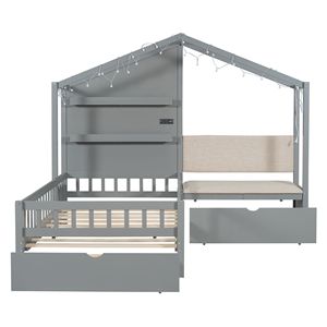 Letto a forma di casa grigio per bambini, con divano imbottito, stazione di ricarica wireless e due cassetti - Product Image 5