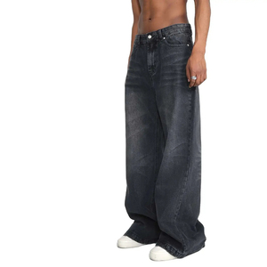 Jean baggy noir unisexe pour homme – Coupe droite, jambe large, denim ample, taille mi-haute, style décontracté, délavage clair, pour tous - Product Image 4