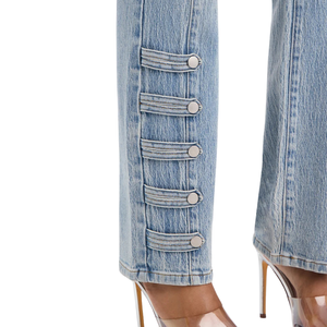 Jeans de Mezclilla para Mujer, Corte Recto, Lavado Claro, Cierre de Botones, 100% Algodón, Estilo Casual, Detalle de Tiras Laterales, Largos, Otoño - Product Image 5
