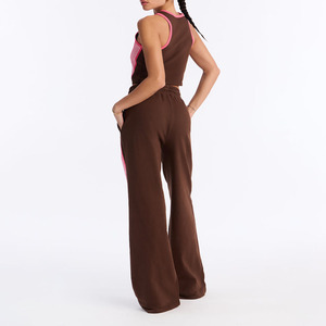 Conjunto Deportivo de Dos Piezas para Mujer, Corte Holgado, Rayas Marrón y Rosa, Top Corto sin Mangas, Pantalones Anchos, Transpirable, para Todas las Temporadas - Product Image 2