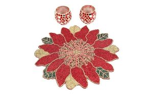 Napperon de table durable en forme de fleur, perles, diamètre 500 mm, épaisseur personnalisée, motif de Noël, fait main, rouge, or, feuilles vertes - Product Image 5
