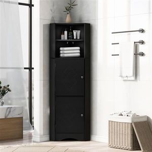 Tall Freestanding Bathroom <b>Corner</b> Cabinet with Adjustable Shelves and Doors MDF Board Black Storage <b>Unit</b> - Product Image 2