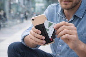 Tarjetero adhesivo de microfibra con logotipo personalizado Wriza para teléfono móvil, funda para tarjetas de identificación, soporte autoadhesivo para tarjetas de crédito con solapa para smartphone - Product Image 3