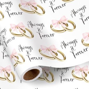 Rouleau de papier cadeau élégant pour mariage, mini format, nœuds roses avec anneaux dorés, texte « Always Forever » pour étiquettes et cartes de bijoux - Product Image 2
