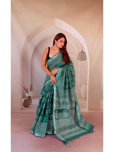 Sari de Lino Estampado a Mano con Blusa, Teñido Natural, Hecho a Mano en India, Ropa Étnica Tradicional, Textil Artesanal - Product Image 4