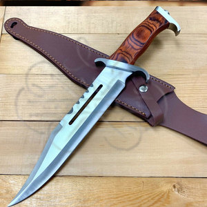 Cuchillo Bowie de Hoja Fija para Caza, Mango de Palisandro, Funda de Cuero, Supervivencia en la Naturaleza, Acero al Carbono, Borde Parcialmente Serrado - Product Image 1