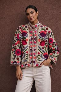 Floral Embroidered Cotton <b>Jacket</b> With <b>Mandarin</b> <b>Collar</b> And Three Quarter Drop Shoulder Sleeves Spring Prairie Chic Style - Product Image 3