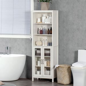 Mobiletto da Bagno Bianco Antico Alto 64 Pollici con 6 Ripiani, Porte in Vetro e Mensole Regolabili per Hotel, Soggiorni, Cucine, Appartamenti - Product Image 2