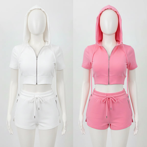 Women's Hooded Crop Top & <b>Shorts</b> Set <b>Short</b> Sleeve Zipper Sporty Style Spring Summer Knitted Spandex Polyester - Product Image 6