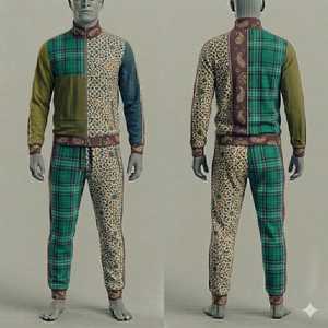 <b>Men's</b> Green Plaid Tracksuit Set Full Zip <b>Jacket</b> Joggers Geometric Print Casual Autumn Wear Breathable Polyester Regular Fit - Product Image 1