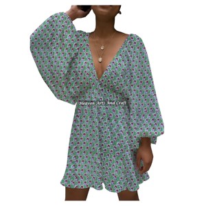 Nouvelle Robe d'été élégante pour femme en coton imprimé à la main, col en V profond, manches lanternes, style halter, pour soirée - Product Image 3