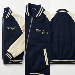 Veste zippée en mélange de laine bleu marine et crème pour homme, avec logo personnalisé, col et poignets en tricot côtelé, style streetwear décontracté, vente en gros, fabricant OEM, vêtements - Product Image 5