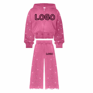 Conjunto de chándal Y2K para hombre con lavado ácido y pedrería, sudadera con capucha con cremallera y pantalones de chándal acampanados, estilo streetwear, venta al por mayor - Product Image 1