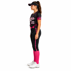 Ensemble uniforme de baseball personnalisé pour femme 2026 – Maillot à col et pantalon en polyester/coton sublimé, noir et rose, coupe courte d'été - Product Image 4