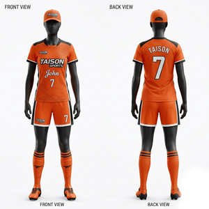 Premium 150 GSM Polyester Soccer Uniform Orange Black Panel Sublimation Custom Name Number Print - Product Image 1