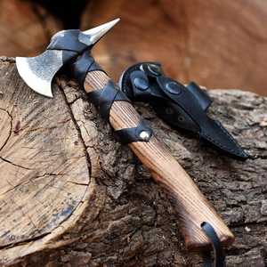 Premium Battle Ready Nordic Spike Tomahawk Custom Logo Handmade Steel Wood <b>Handle</b> Hunting Camping Tool with Leather Sheath Wrap - Product Image 1
